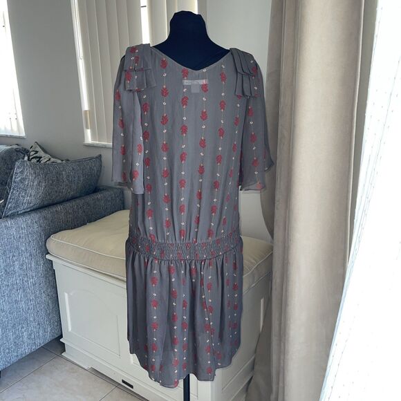 Hype Anthropology Dress Silk Gray Floral Print Lined Pleated Cinch Waist 6 - Picture 2 of 9